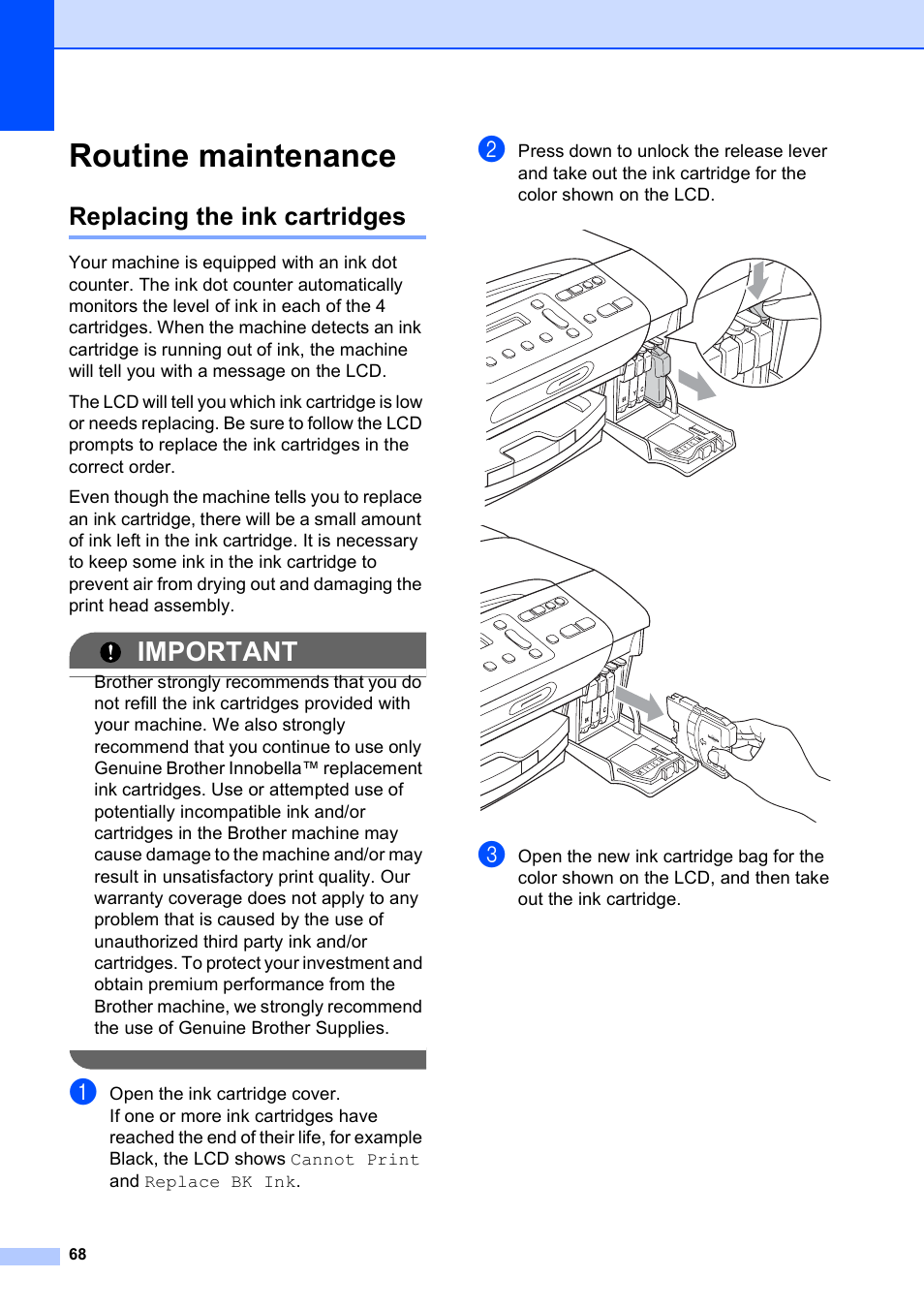Routine maintenance, Replacing the ink cartridges, Important | Brother DCP-375CW User Manual | Page 80 / 118