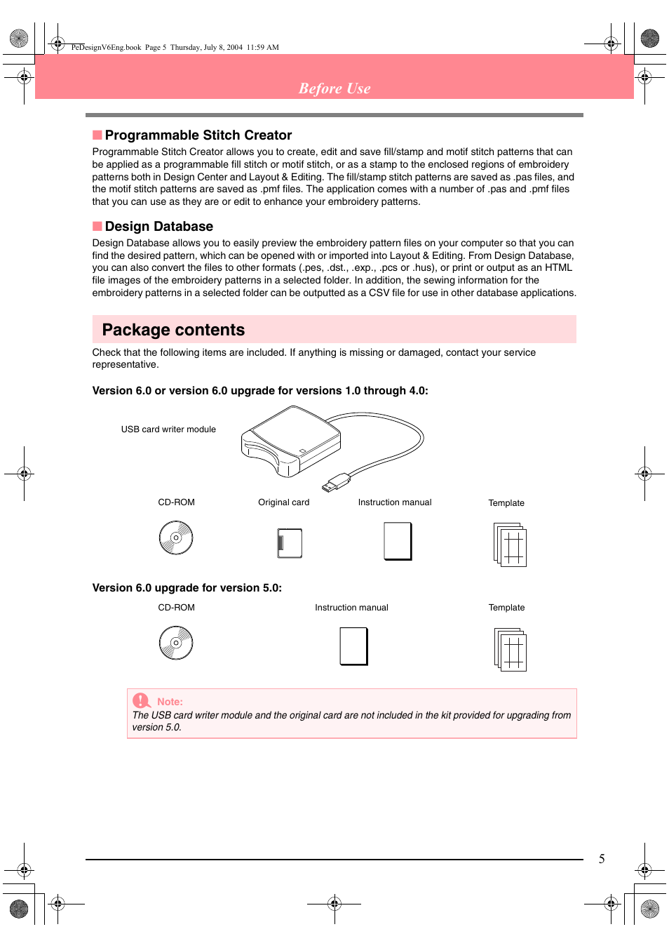 Package contents, Before use, Programmable stitch creator | Design database | Brother PE-DESIGN Ver.6 User Manual | Page 13 / 272