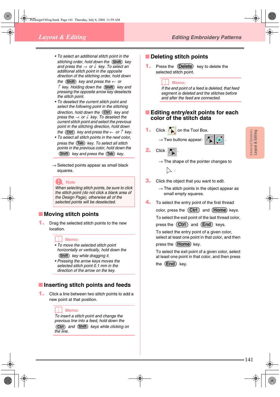 Layout & editing, Moving stitch points 1, Inserting stitch points and feeds 1 | Deleting stitch points 1 | Brother PE-DESIGN Ver.6 User Manual | Page 149 / 272