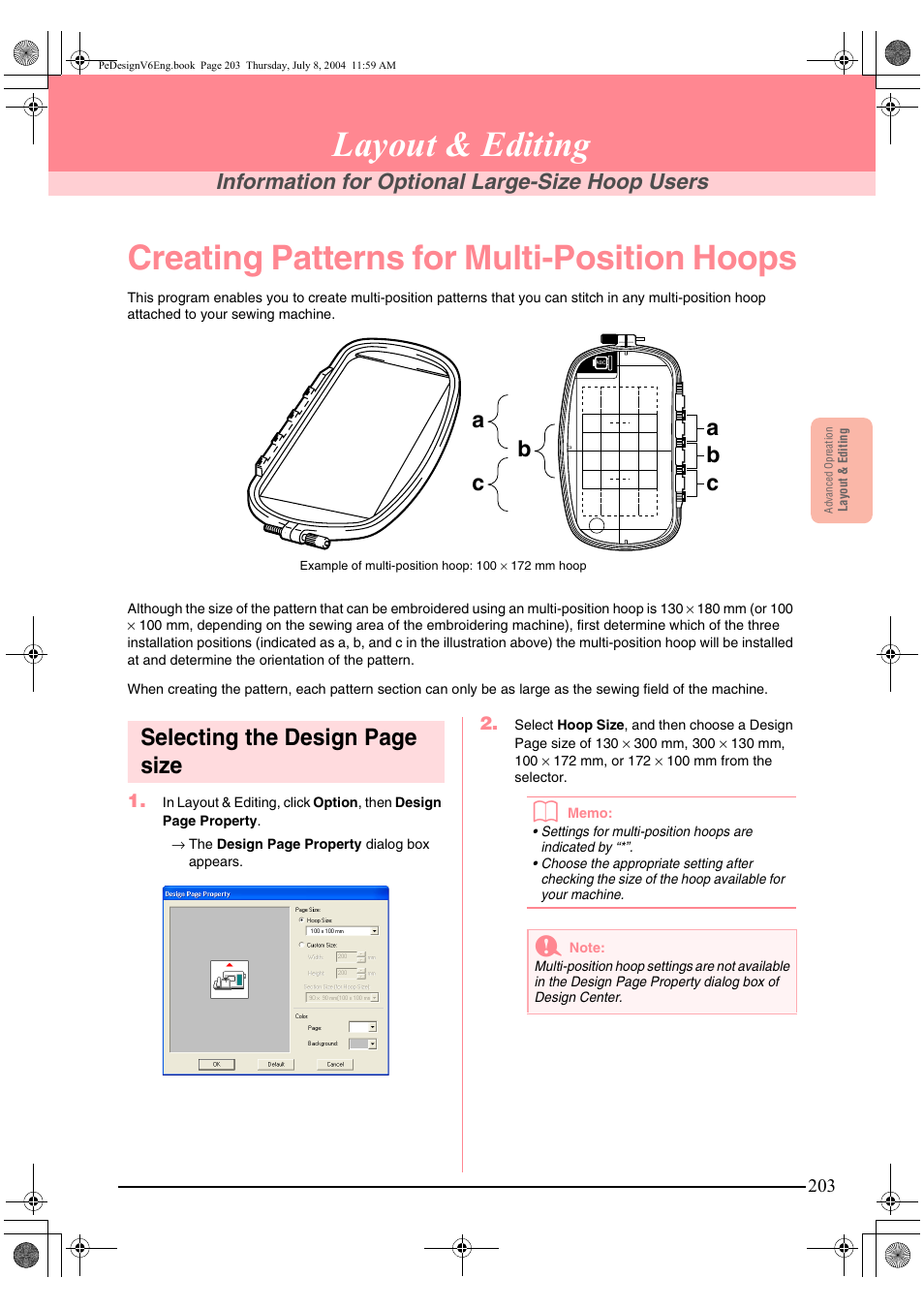 Layout & editing, Creating patterns for multi-position hoops, Selecting the design page size | Information for optional large-size hoop users | Brother PE-DESIGN Ver.6 User Manual | Page 211 / 272