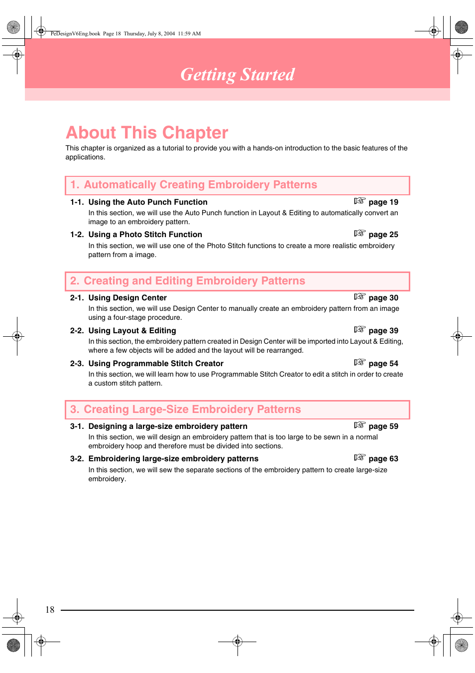 Getting started, About this chapter, Automatically creating embroidery patterns | Creating and editing embroidery patterns, Creating large-size embroidery patterns | Brother PE-DESIGN Ver.6 User Manual | Page 26 / 272