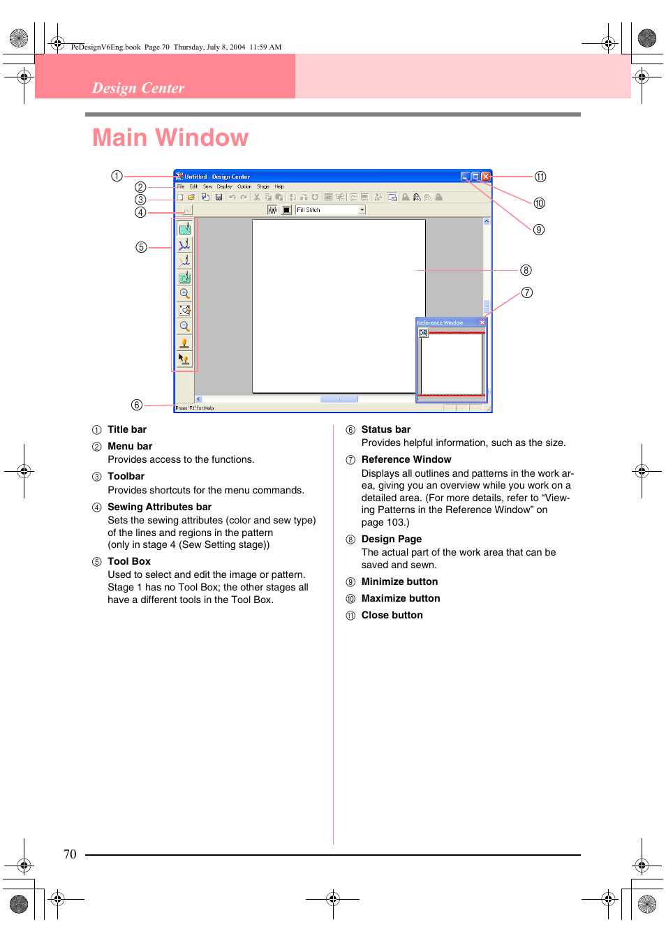 Main window, Design center | Brother PE-DESIGN Ver.6 User Manual | Page 78 / 272