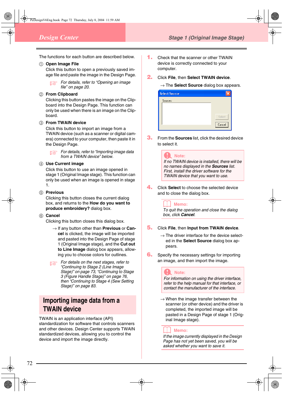 Importing image data from a twain device, Scr94.bmp, Design center | Brother PE-DESIGN Ver.6 User Manual | Page 80 / 272