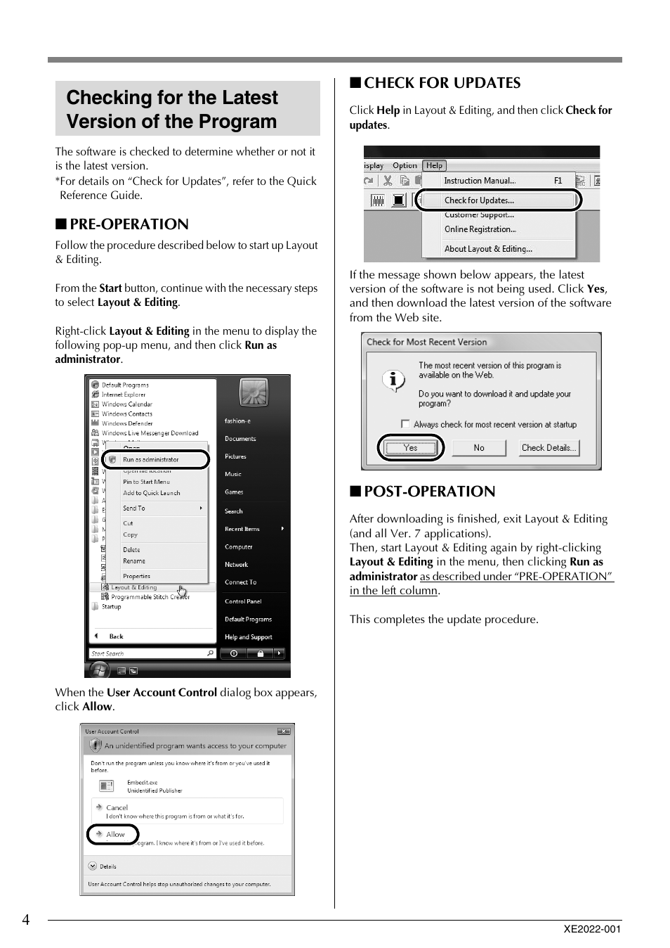 Checking for the latest version of the program, Pre-operation, Check for updates | Post-operation | Brother PE-DESIGN Ver.7 User Manual | Page 4 / 4