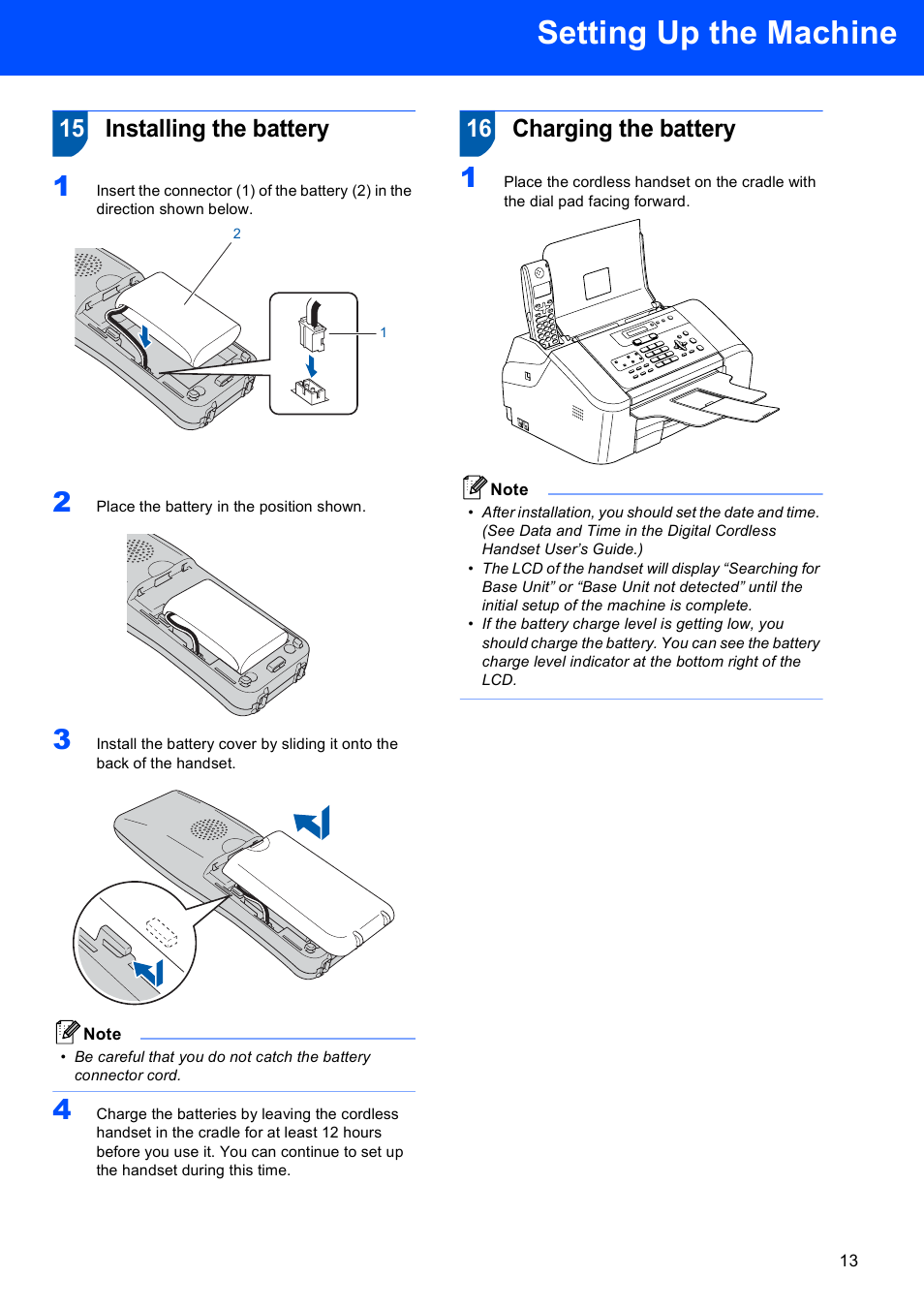 15 installing the battery, 16 charging the battery, Setting up the machine | Brother FAX-1960C User Manual | Page 15 / 19