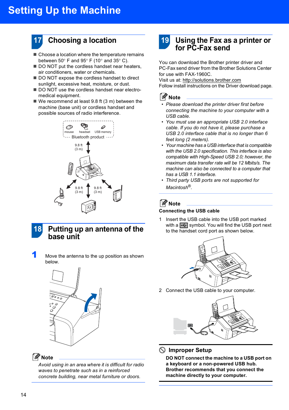 17 choosing a location, 18 putting up an antenna of the base unit, 19 using the fax as a printer or for pc-fax send | Setting up the machine, Improper setup | Brother FAX-1960C User Manual | Page 16 / 19