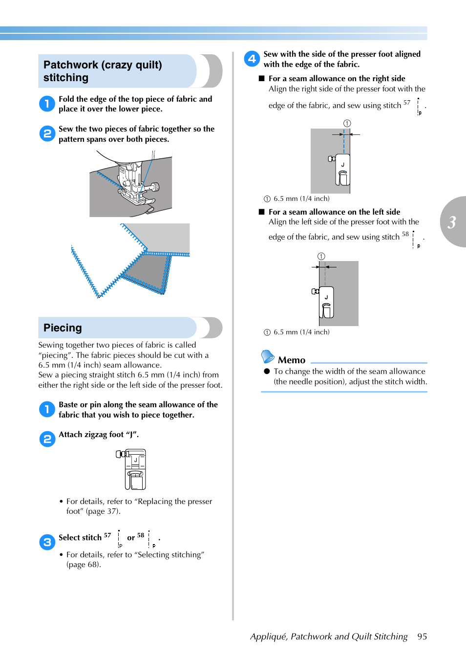 Patchwork (crazy quilt) stitching, Piecing | Brother SB3129 User Manual | Page 101 / 156