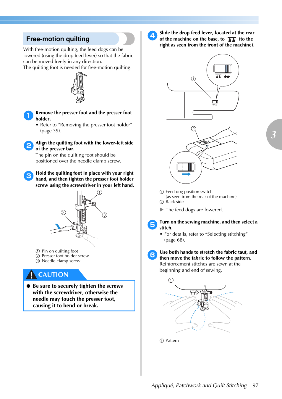 Free-motion quilting, Caution | Brother SB3129 User Manual | Page 103 / 156