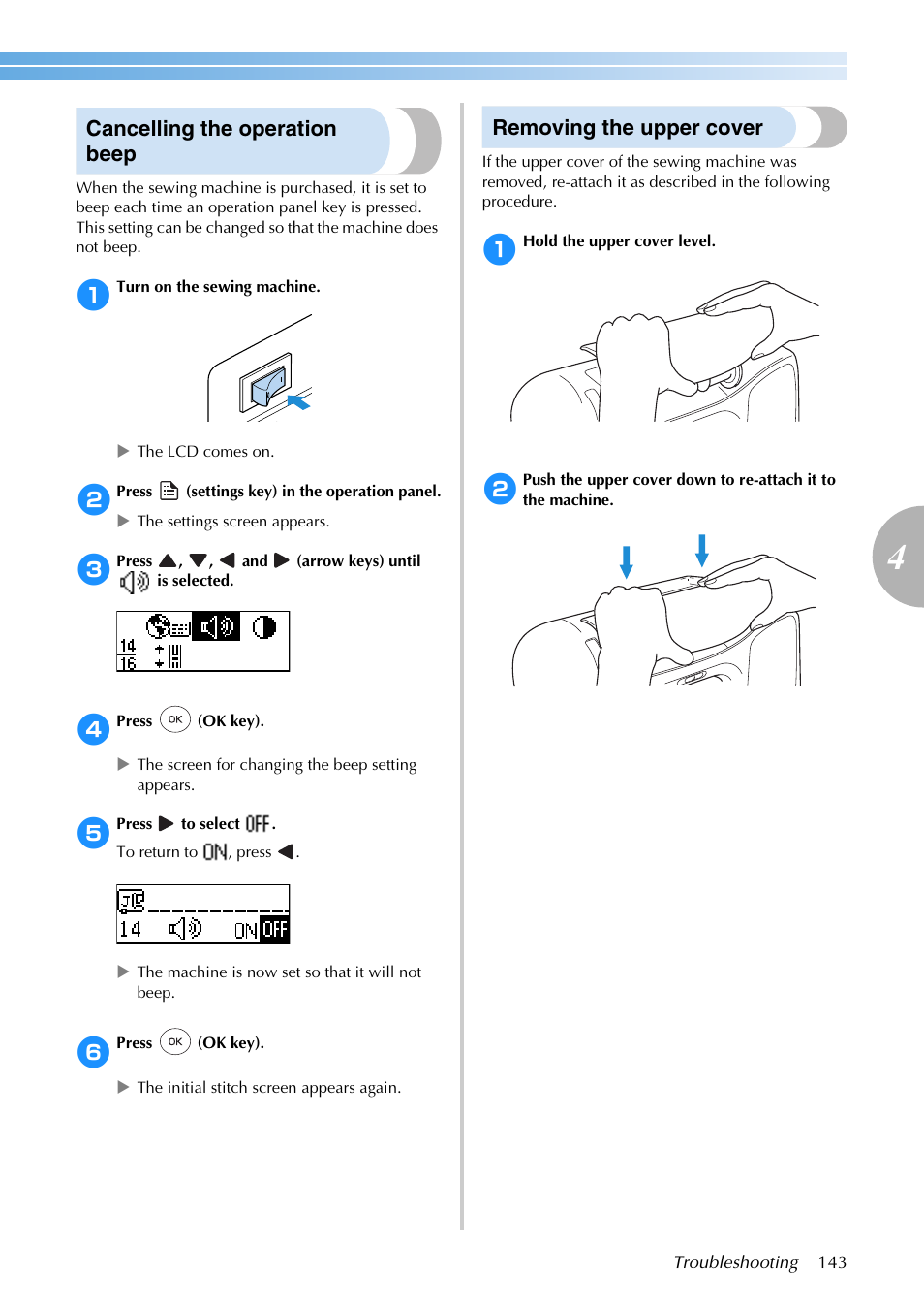 Cancelling the operation beep, Removing the upper cover | Brother SB3129 User Manual | Page 149 / 156