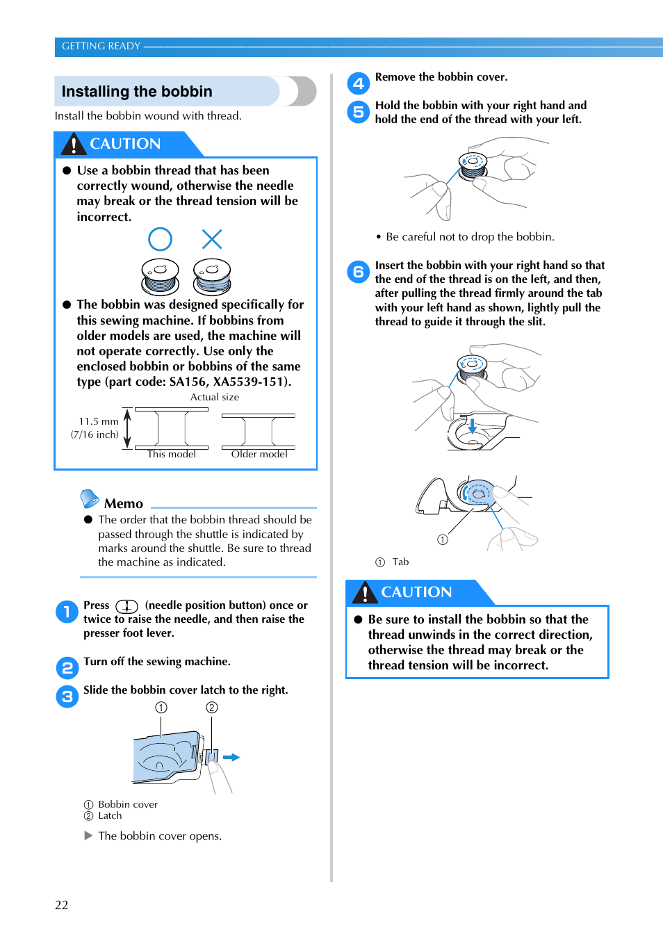 Installing the bobbin, Caution | Brother SB3129 User Manual | Page 28 / 156