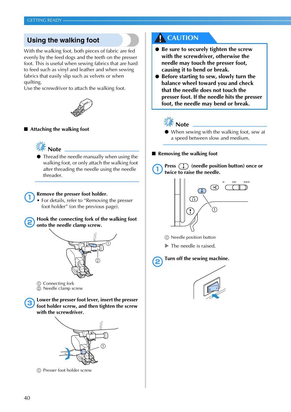 Using the walking foot, Caution | Brother SB3129 User Manual | Page 46 / 156