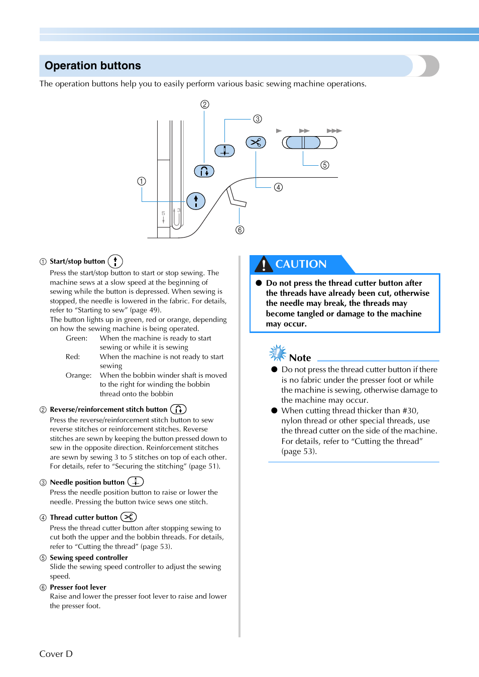 Operation buttons, Caution | Brother SB3129 User Manual | Page 5 / 156