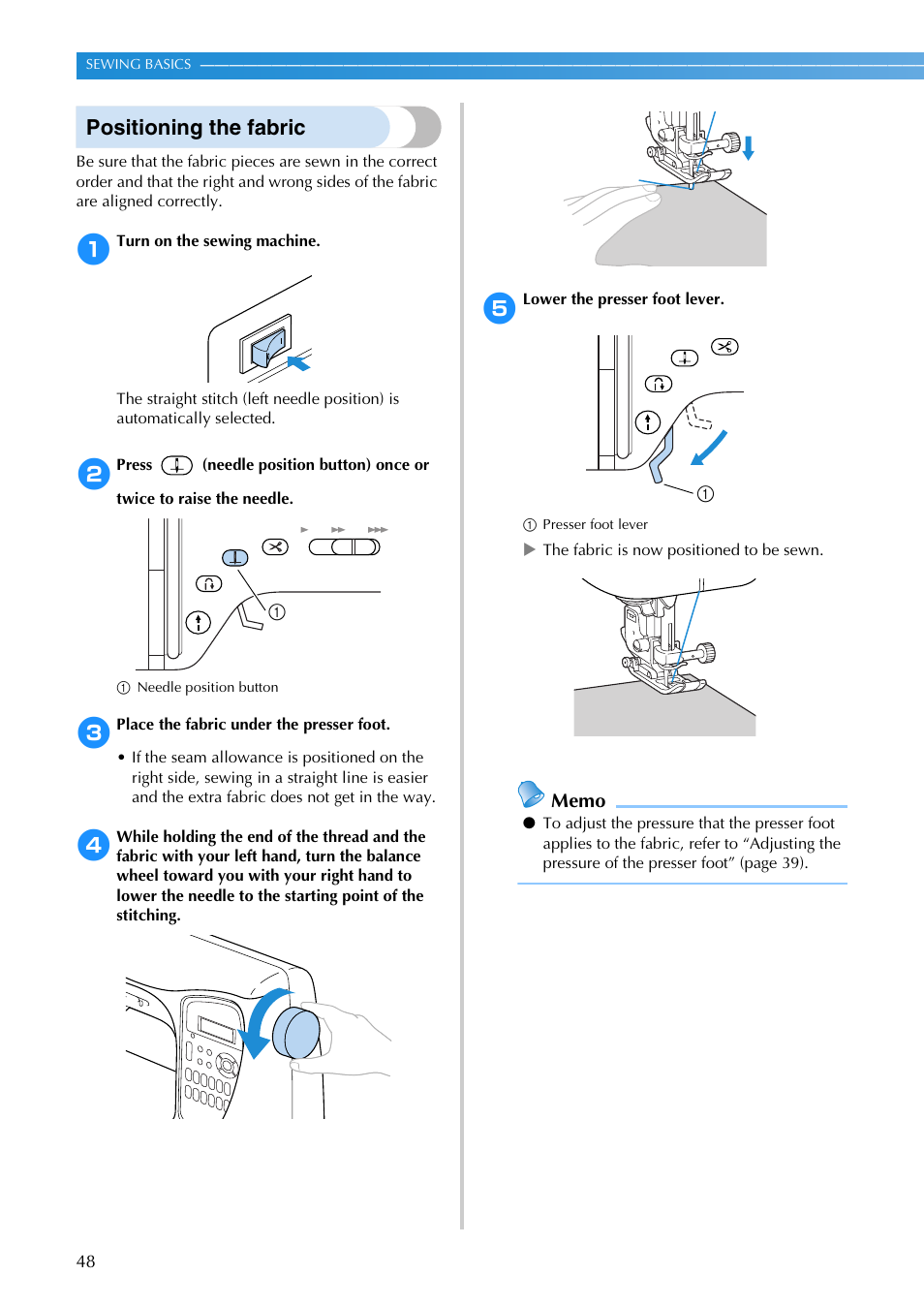 Positioning the fabric | Brother SB3129 User Manual | Page 54 / 156