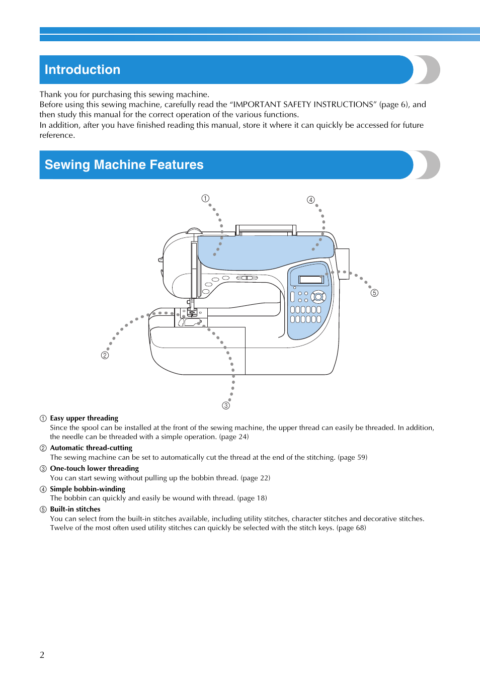 Introduction, Sewing machine features | Brother SB3129 User Manual | Page 8 / 156