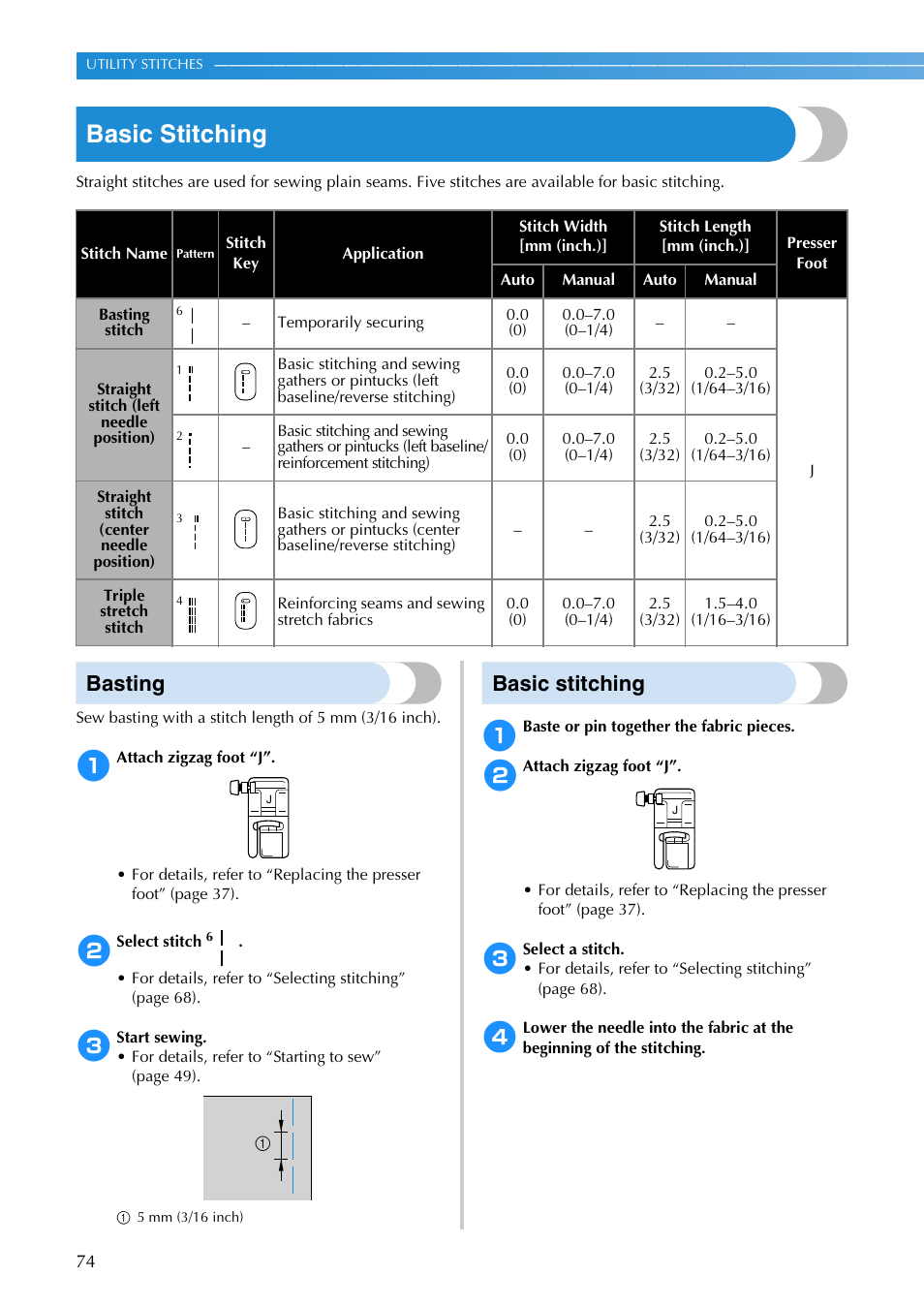 Basic stitching, Basting | Brother SB3129 User Manual | Page 80 / 156