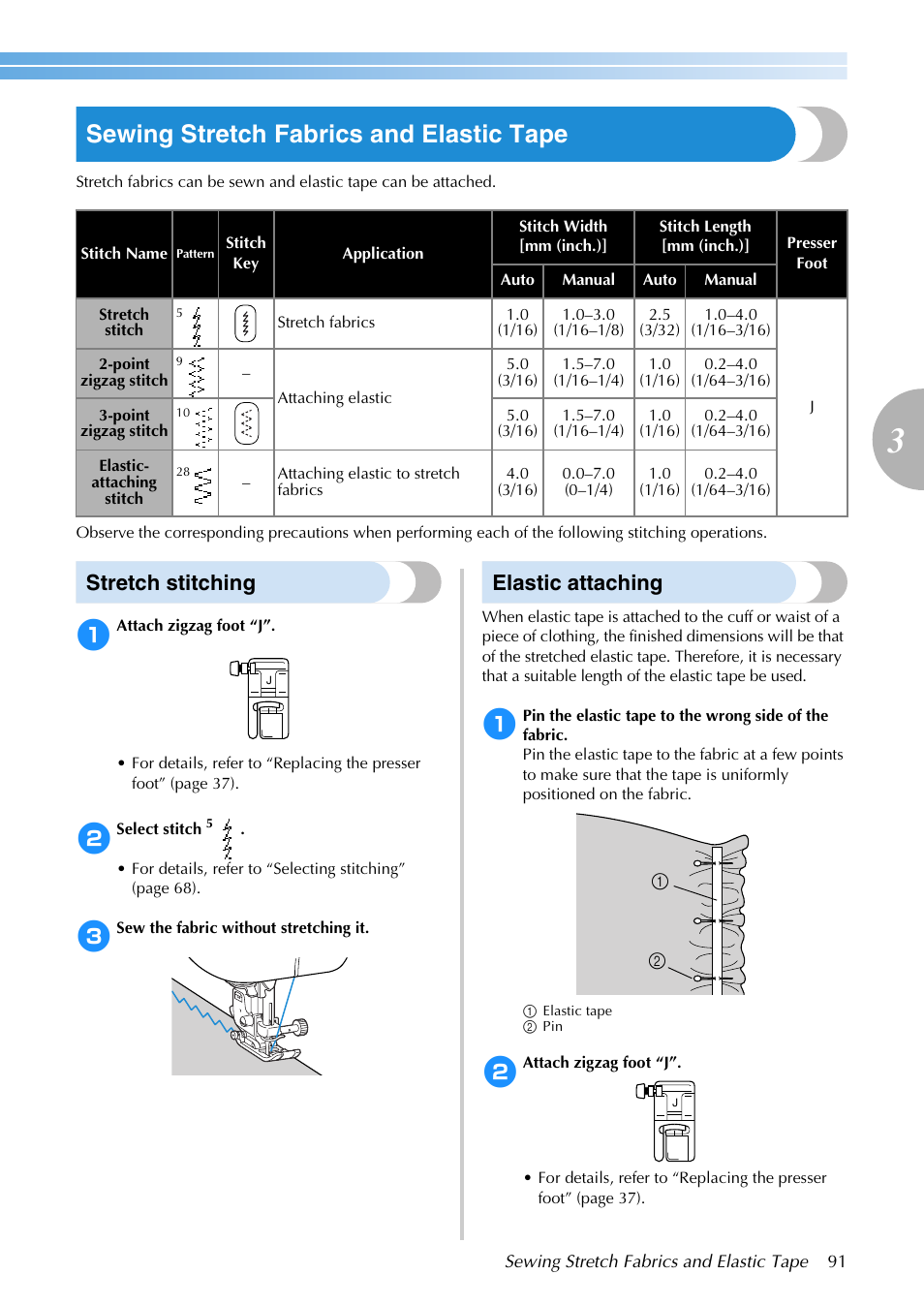 Sewing stretch fabrics and elastic tape, Stretch stitching, Elastic attaching | Brother SB3129 User Manual | Page 97 / 156