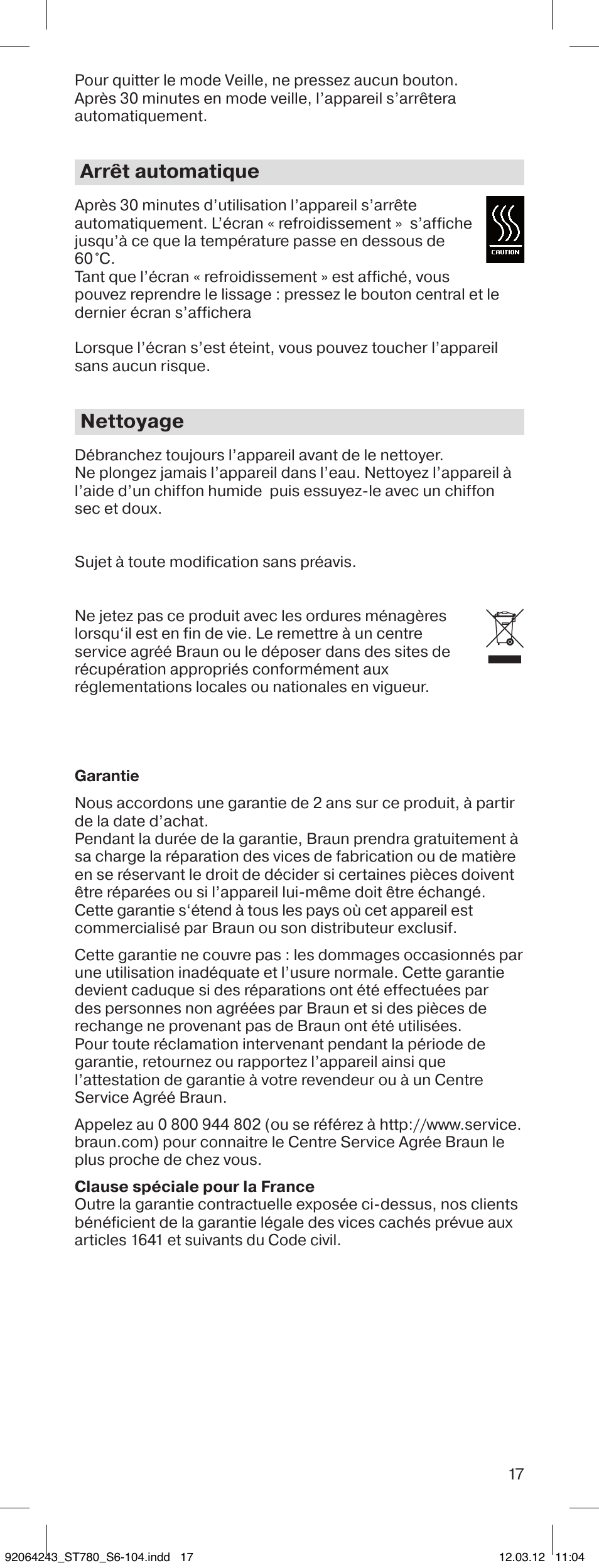 Arrêt automatique, Nettoyage | Braun ST780 Satin Hair 7 User Manual | Page 16 / 99