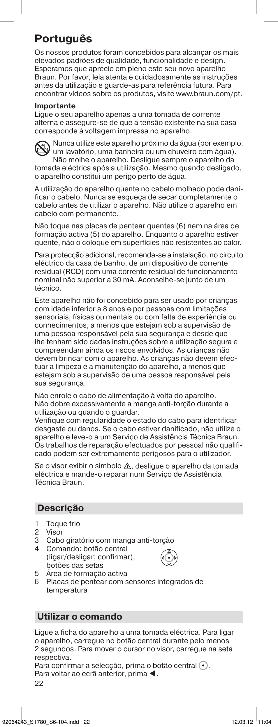 Português, Descrição, Utilizar o comando | Braun ST780 Satin Hair 7 User Manual | Page 21 / 99