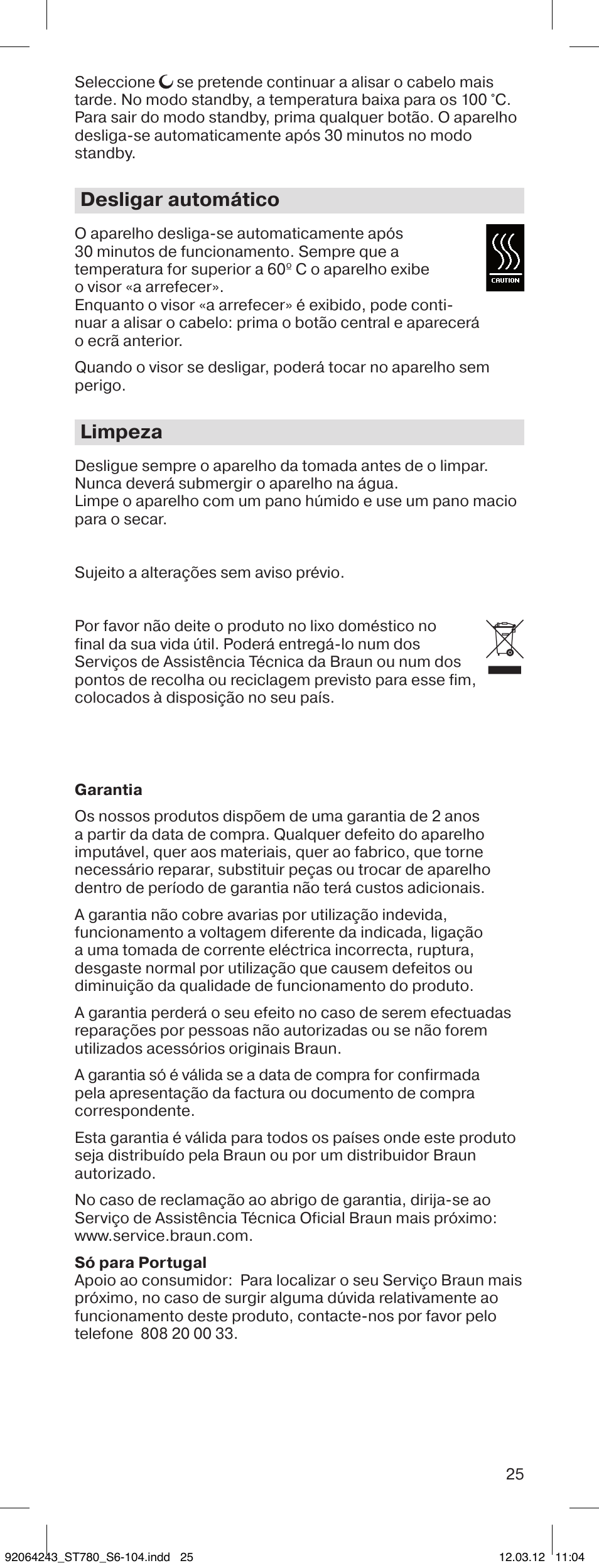 Desligar automático, Limpeza | Braun ST780 Satin Hair 7 User Manual | Page 24 / 99