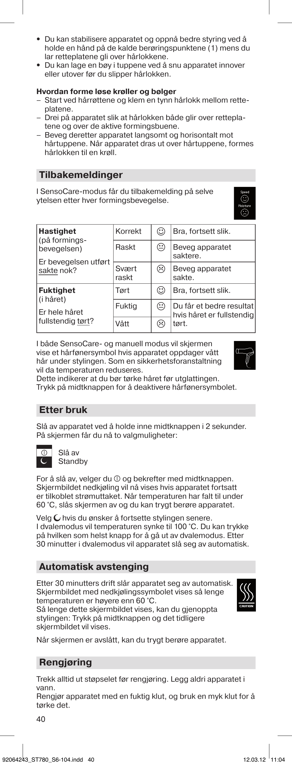 Tilbakemeldinger, Etter bruk, Automatisk avstenging | Rengjøring | Braun ST780 Satin Hair 7 User Manual | Page 39 / 99