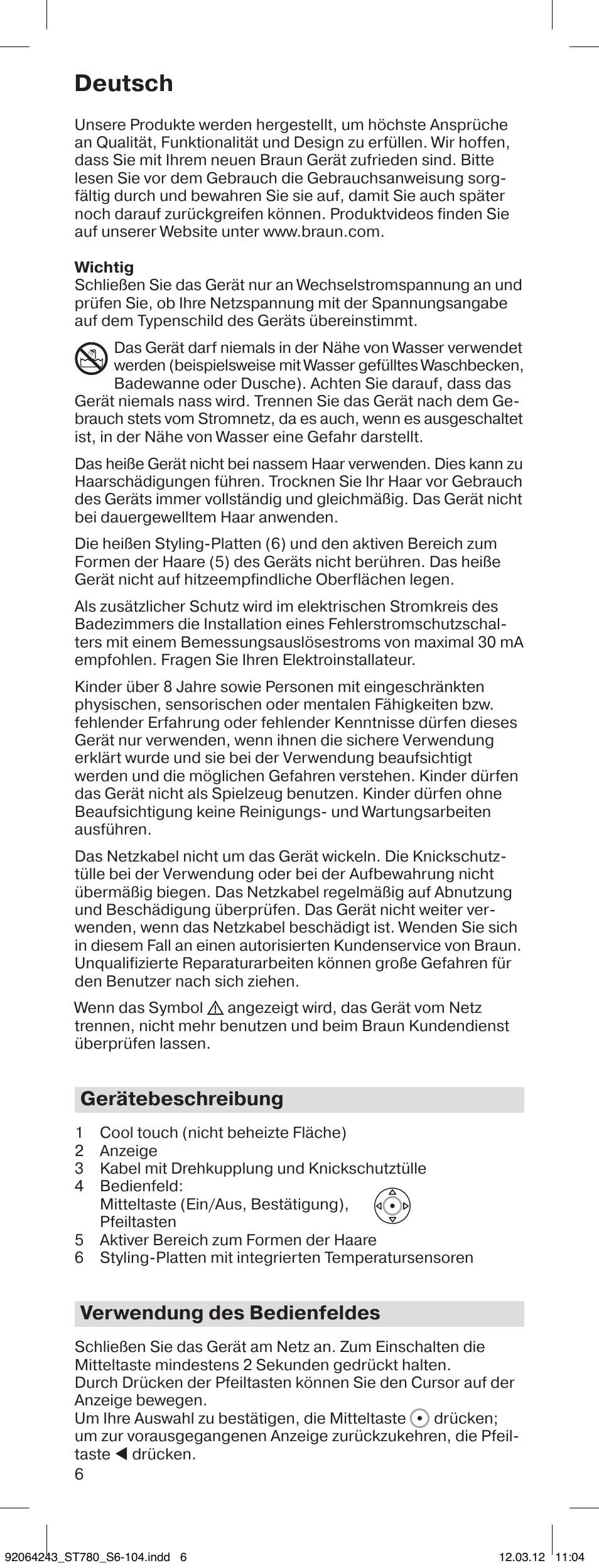 92064243_st780_s6-104, Deutsch, Gerätebeschreibung | Verwendung des bedienfeldes | Braun ST780 Satin Hair 7 User Manual | Page 5 / 99