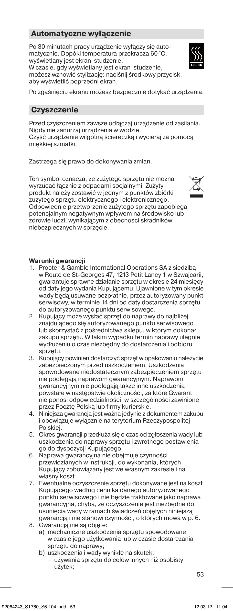 Automatyczne wyłączenie, Czyszczenie | Braun ST780 Satin Hair 7 User Manual | Page 52 / 99