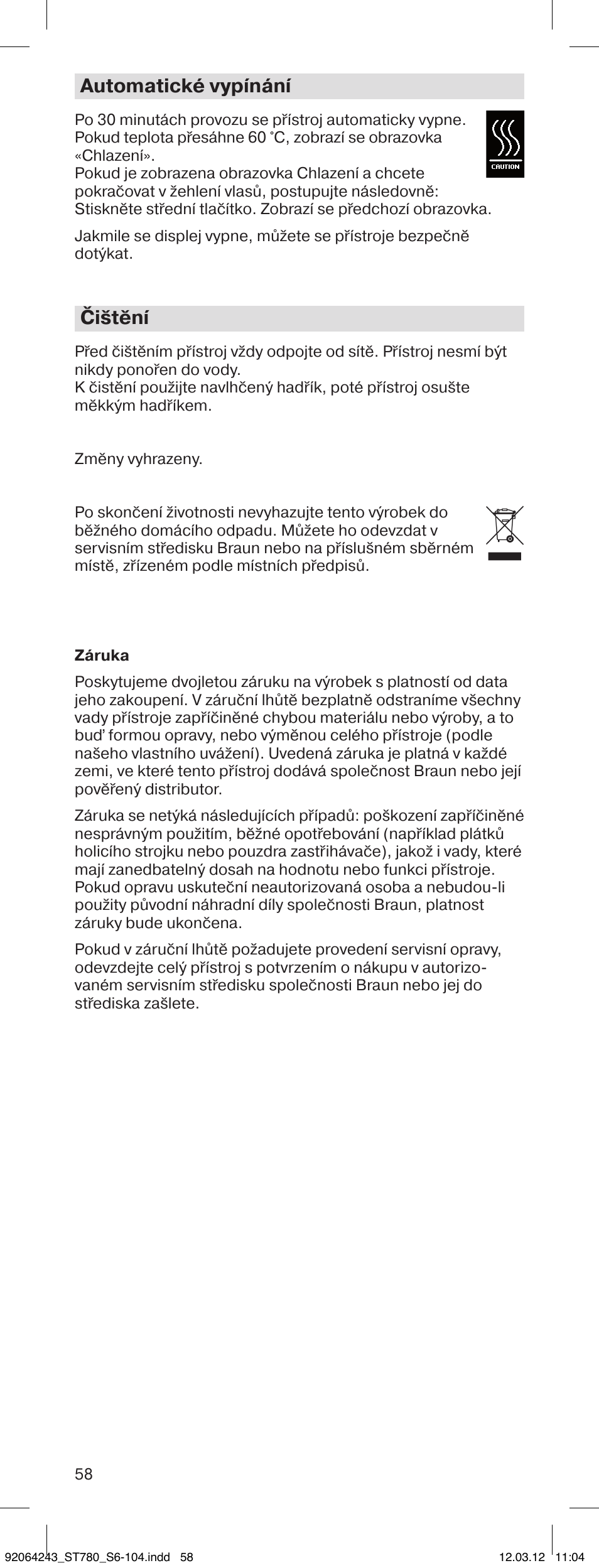 Automatické vypínání, Čištění | Braun ST780 Satin Hair 7 User Manual | Page 57 / 99
