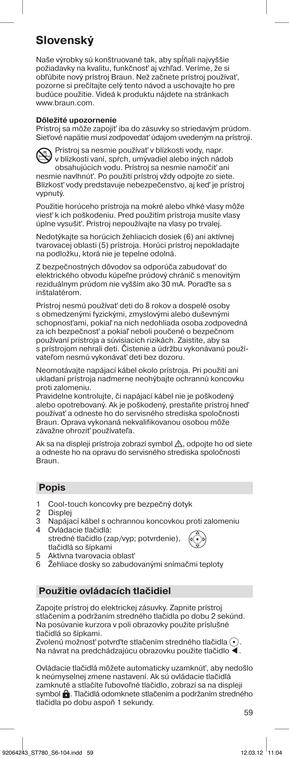 Slovenskу, Popis, Použitie ovládacích tlačidiel | Braun ST780 Satin Hair 7 User Manual | Page 58 / 99