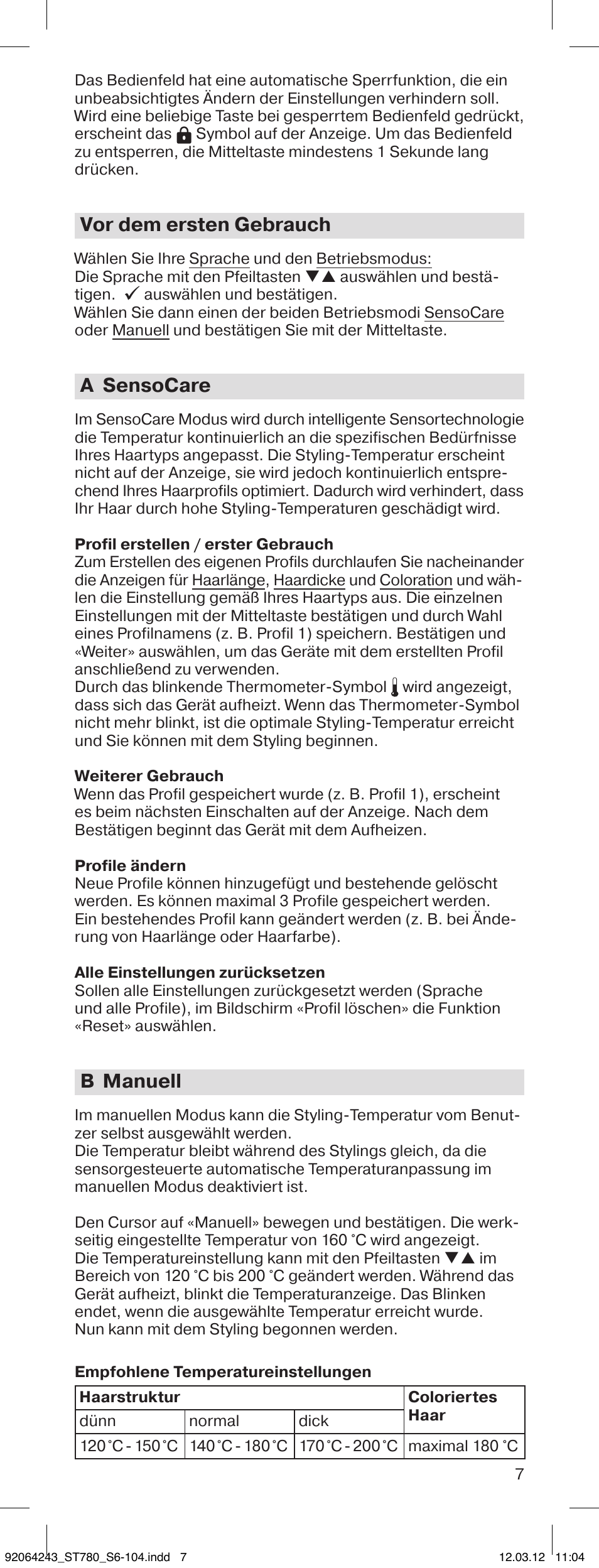 Vor dem ersten gebrauch, A sensocare, B manuell | Braun ST780 Satin Hair 7 User Manual | Page 6 / 99