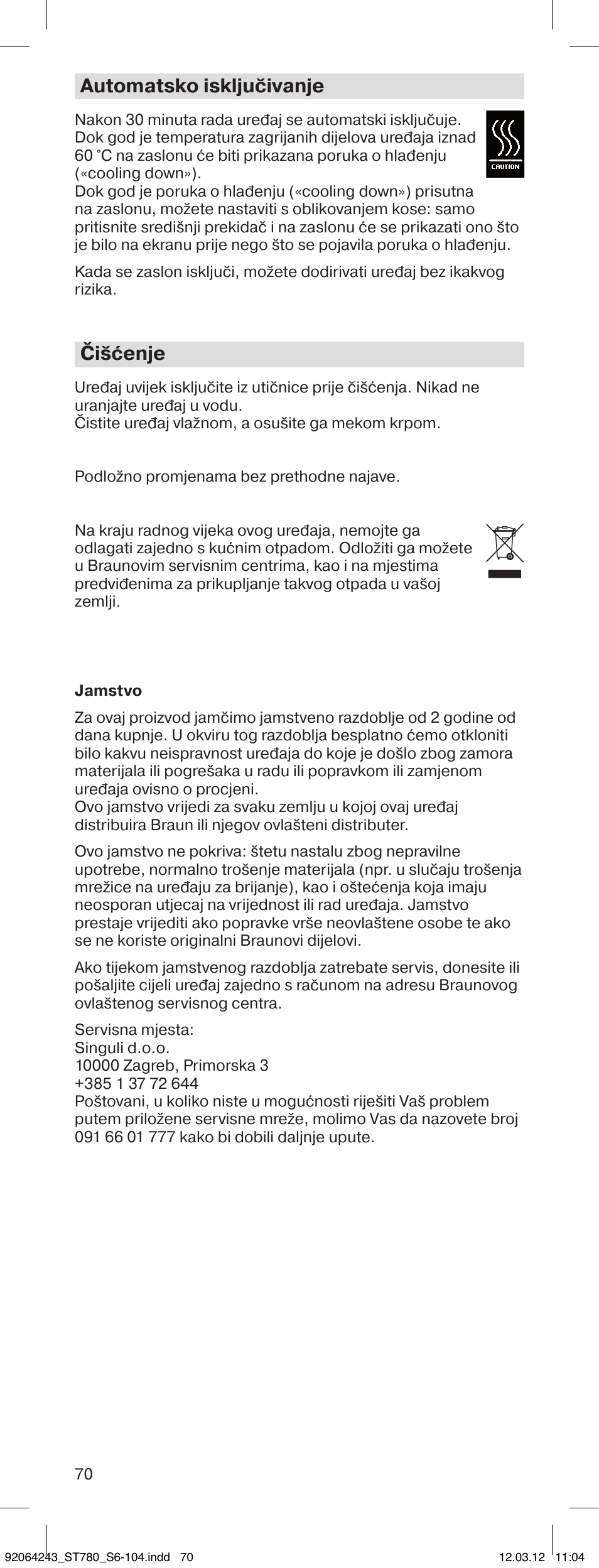 Automatsko isključivanje, Čišćenje | Braun ST780 Satin Hair 7 User Manual | Page 69 / 99