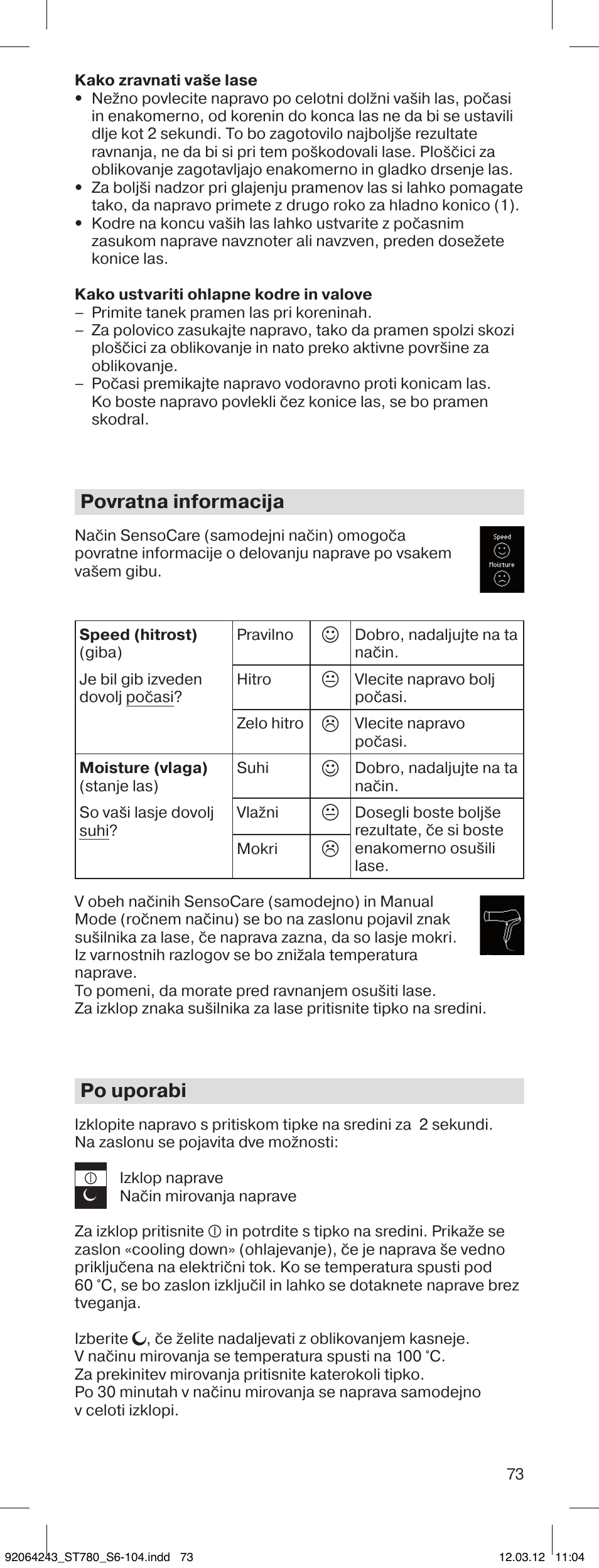 Povratna informacija, Po uporabi | Braun ST780 Satin Hair 7 User Manual | Page 72 / 99