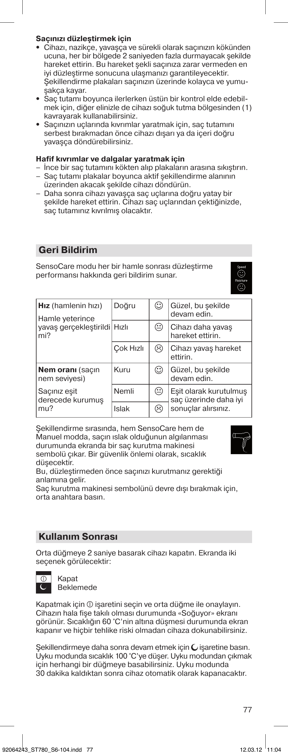 Geri bildirim, Kullanım sonrası | Braun ST780 Satin Hair 7 User Manual | Page 76 / 99