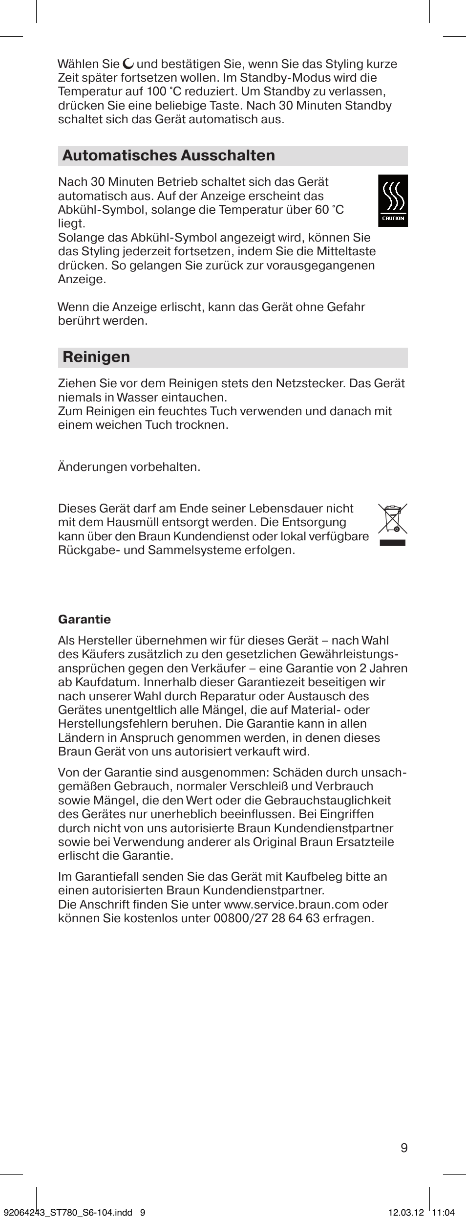 Automatisches ausschalten, Reinigen | Braun ST780 Satin Hair 7 User Manual | Page 8 / 99