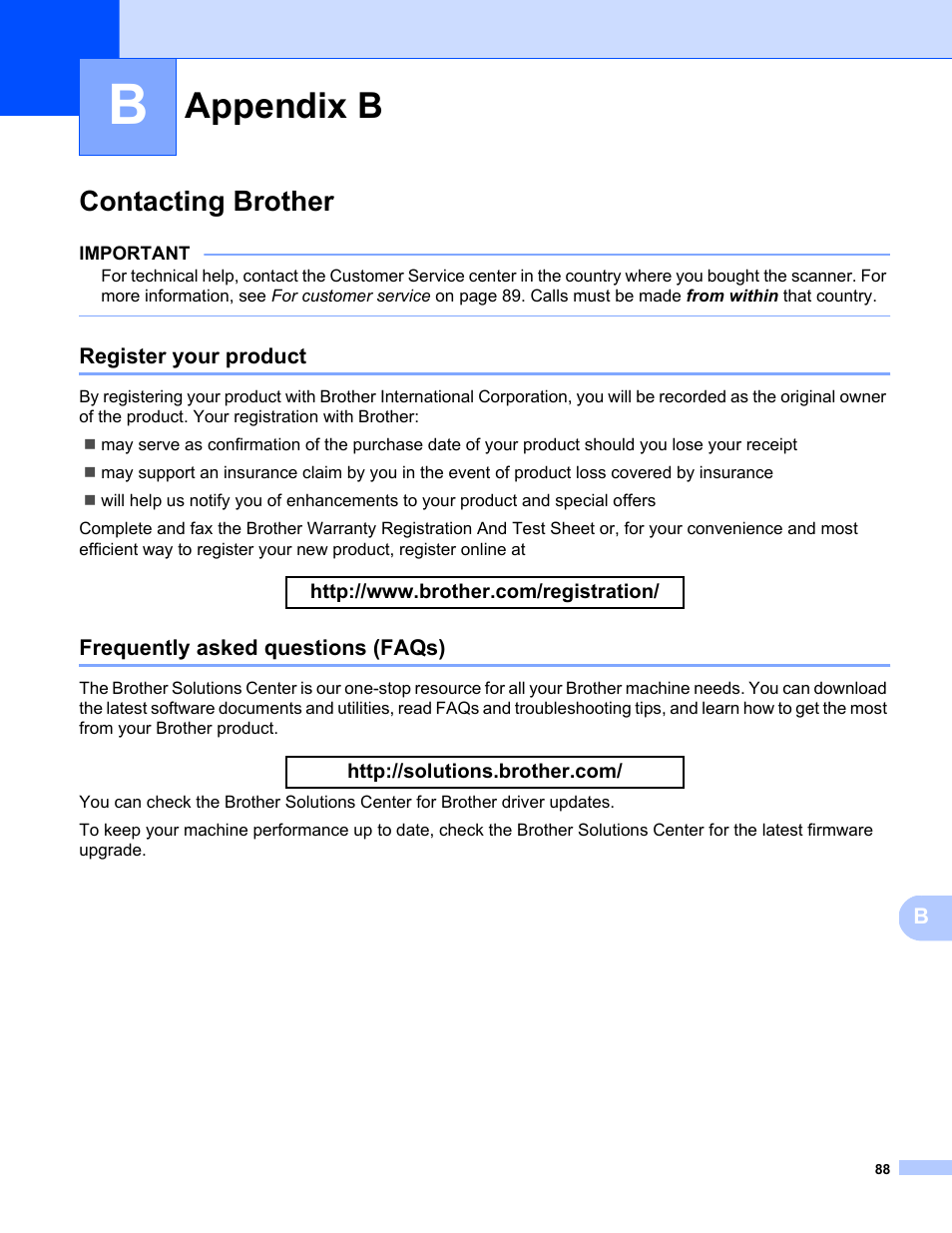 Appendix b, Contacting brother, Register your product | Frequently asked questions (faqs) | Brother DS-820W User Manual | Page 96 / 99