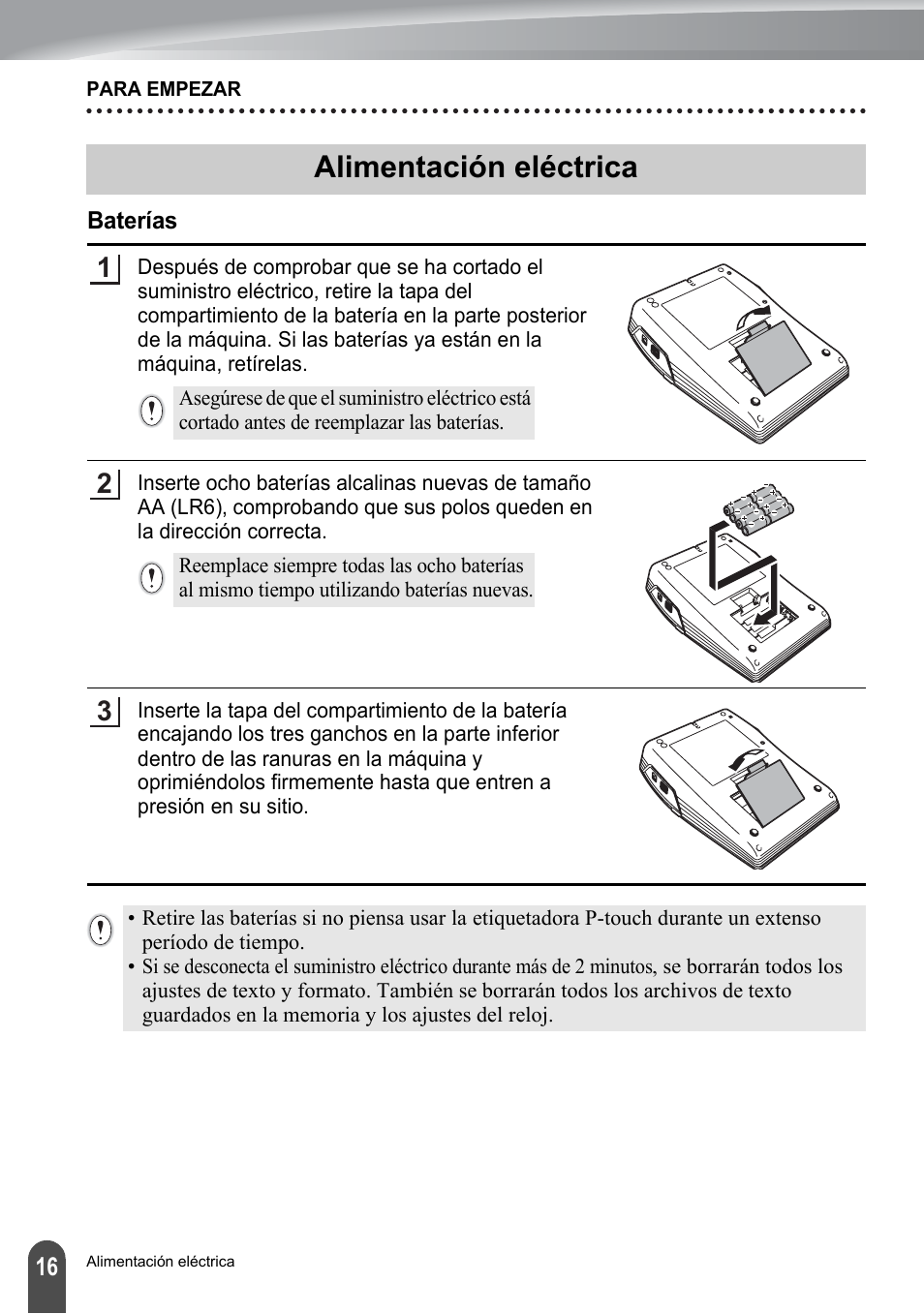 Alimentación eléctrica, Baterías, P. 16 | Brother PT-2700 User Manual | Page 112 / 180