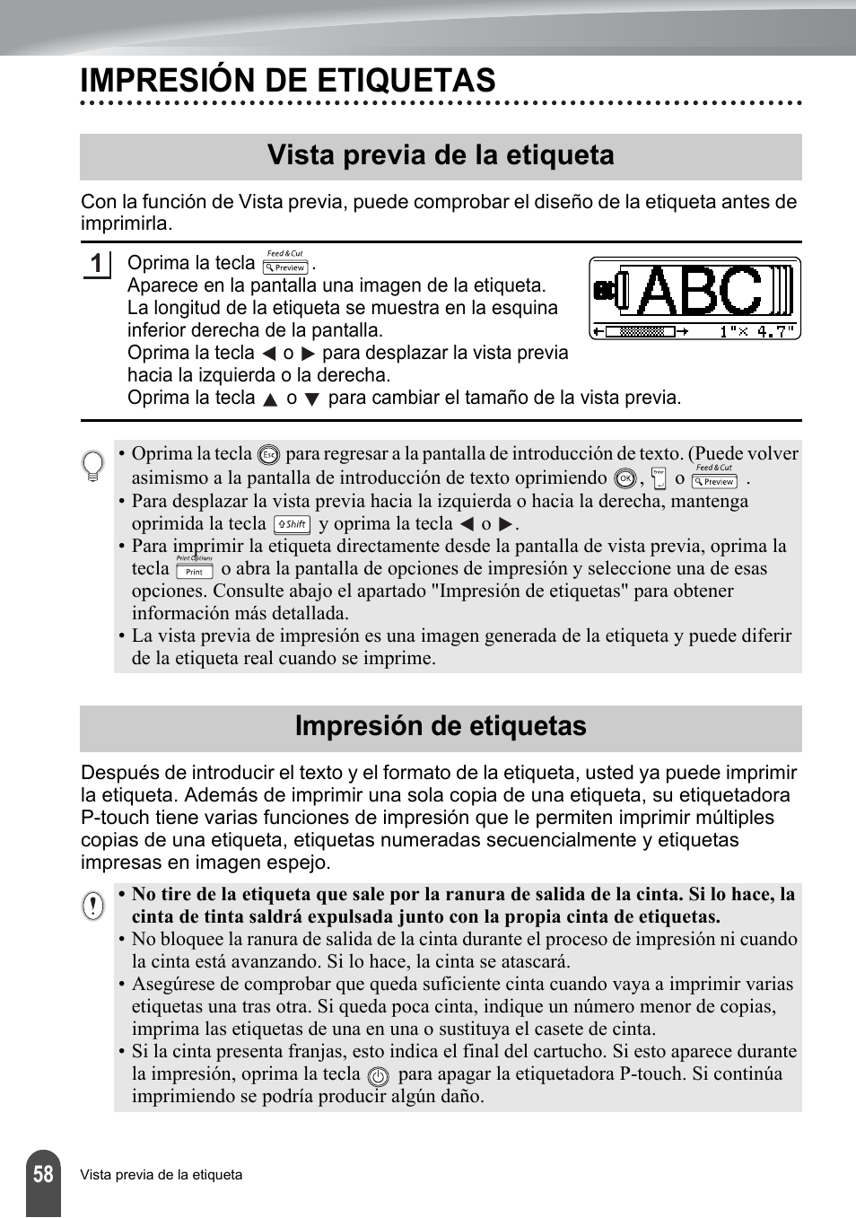 Impresión de etiquetas, Vista previa de la etiqueta, Vista previa de la etiqueta impresión de etiquetas | P. 58 | Brother PT-2700 User Manual | Page 154 / 180