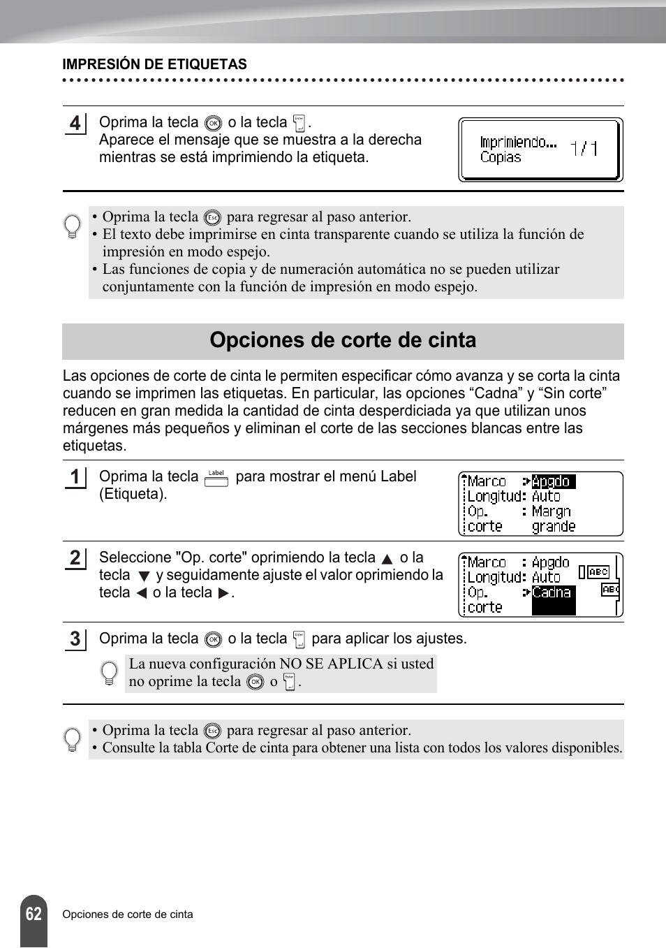 Opciones de corte de cinta, P. 62, N “opciones de corte de cinta | Opciones de corte de cinta” en la | Brother PT-2700 User Manual | Page 158 / 180