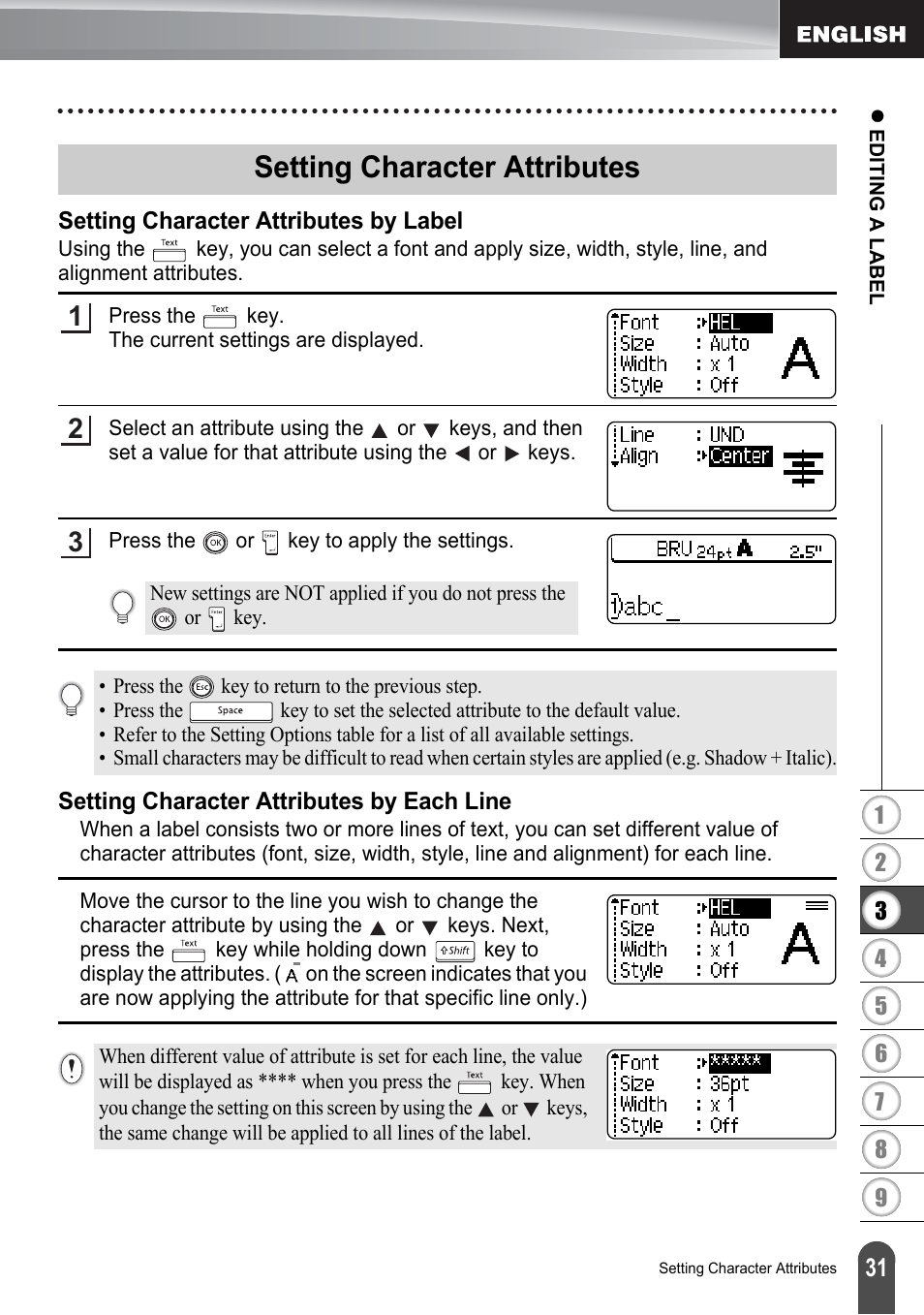 Setting character attributes, Setting character attributes by label, Setting character attributes by each line | P. 31 | Brother PT-2700 User Manual | Page 37 / 180