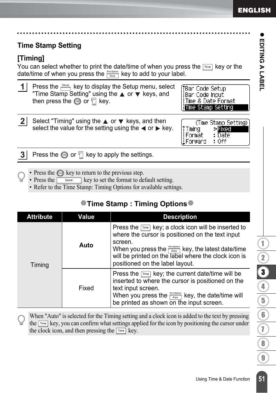 Time stamp setting, Timing | Brother PT-2700 User Manual | Page 57 / 180