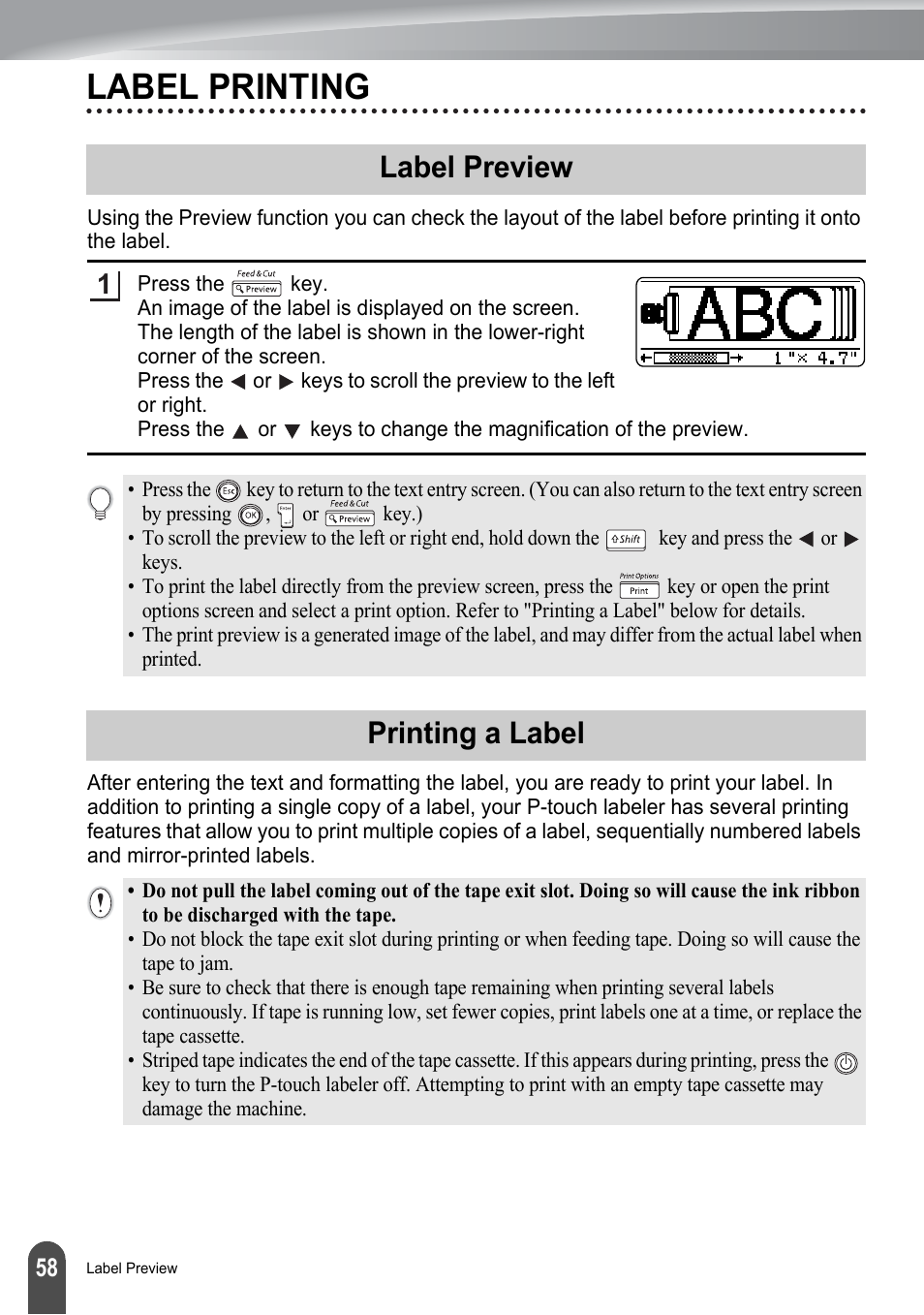 Label printing, Label preview, Printing a label | Label preview printing a label, P. 58 | Brother PT-2700 User Manual | Page 64 / 180