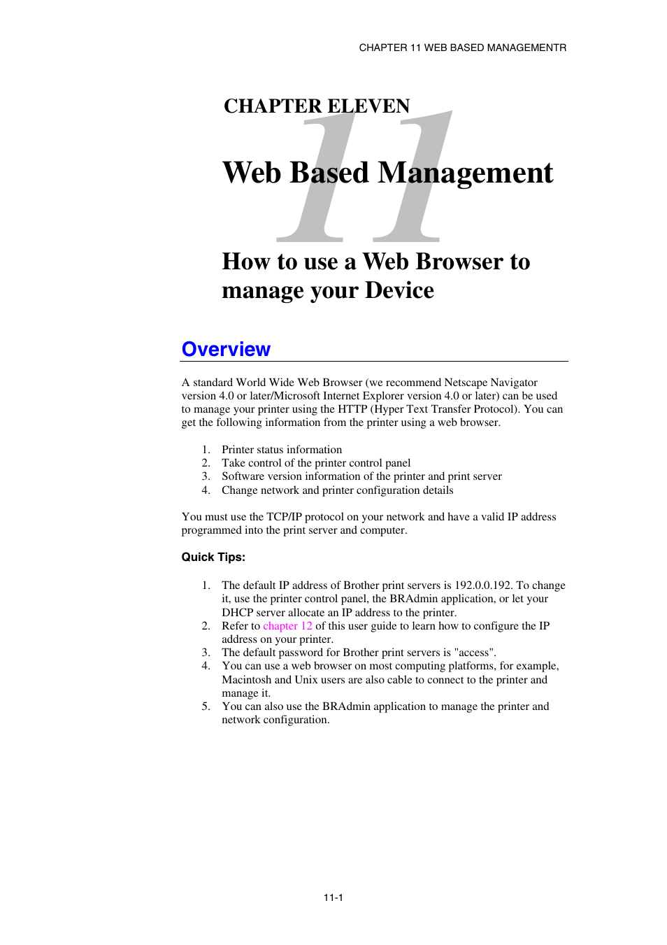 Overview, Chapter 11, For m | Web based management, How to use a web browser to manage your device | Brother HL-1870N User Manual | Page 110 / 149