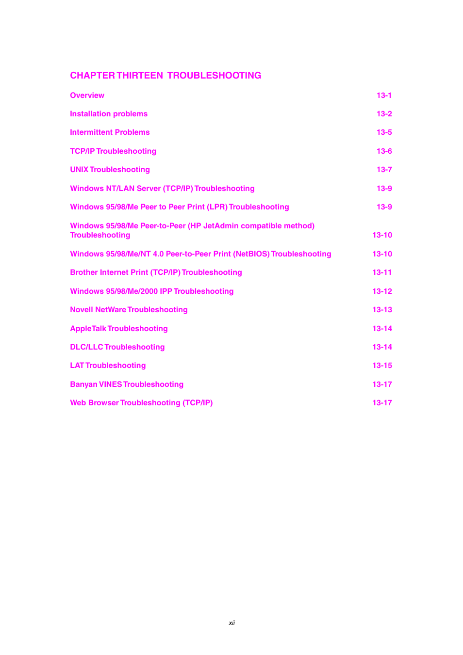 Chapter thirteen troubleshooting | Brother HL-1870N User Manual | Page 13 / 149