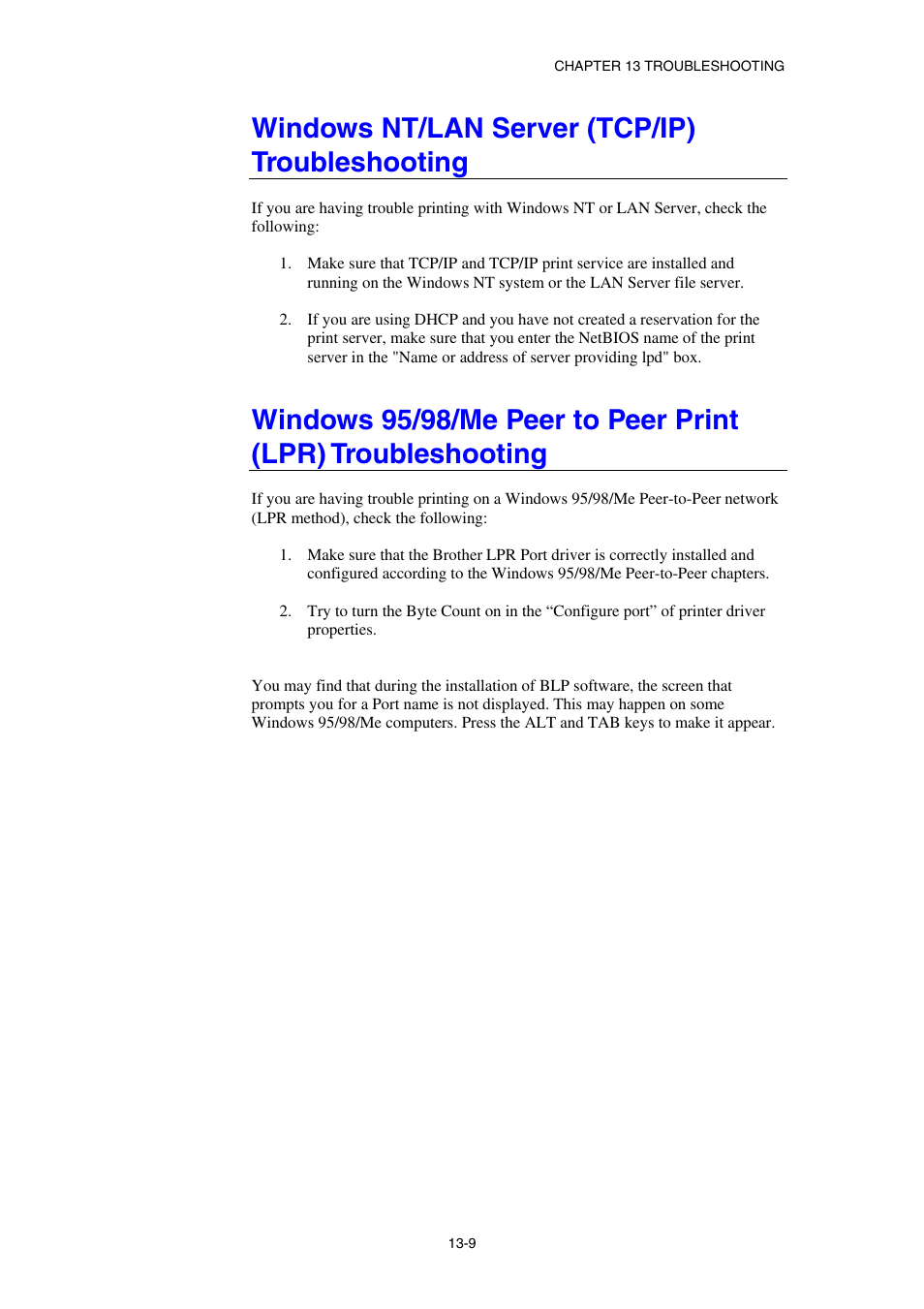 Windows nt/lan server (tcp/ip) troubleshooting | Brother HL-1870N User Manual | Page 131 / 149