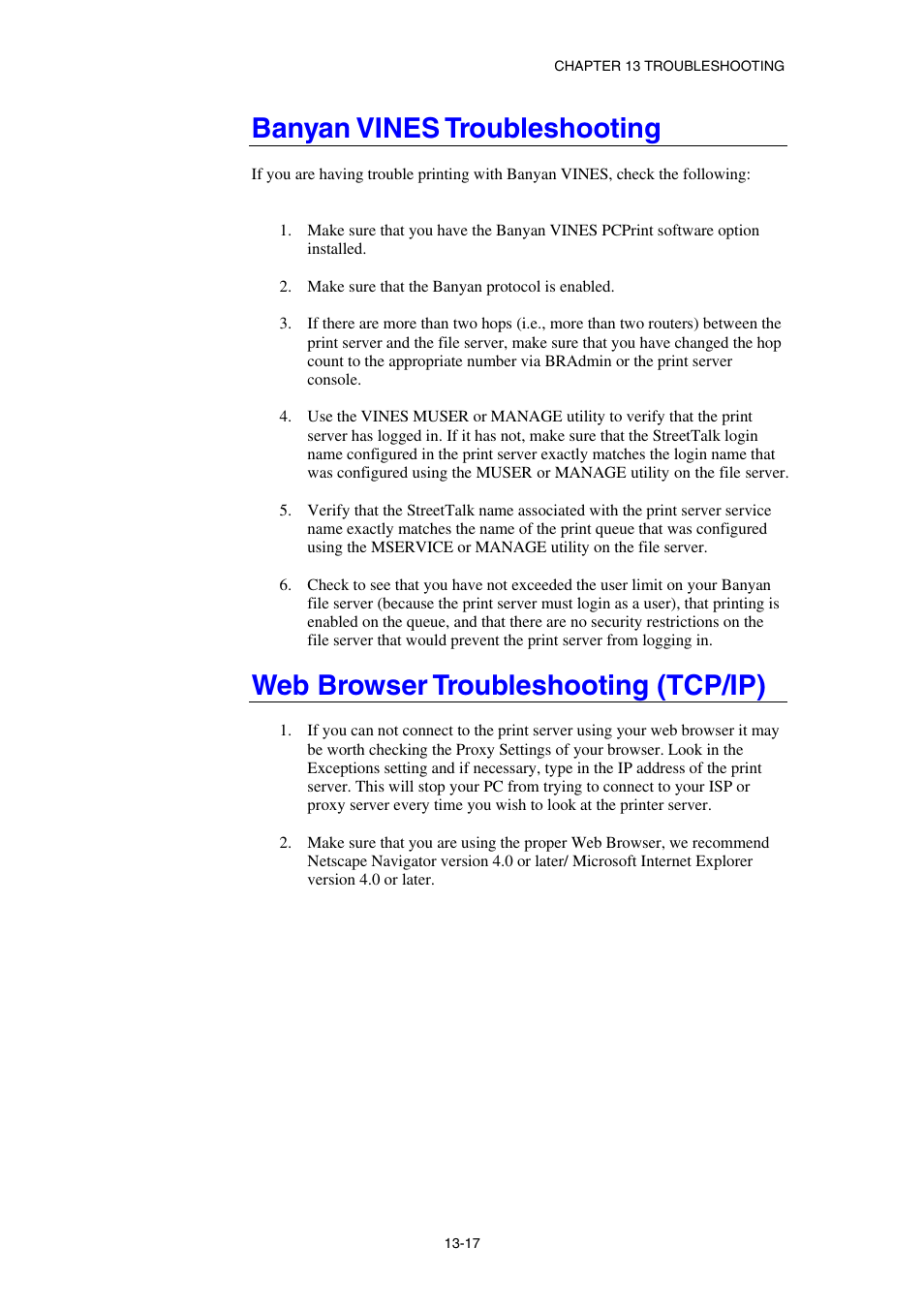 Banyan vines troubleshooting, Web browser troubleshooting (tcp/ip) | Brother HL-1870N User Manual | Page 139 / 149