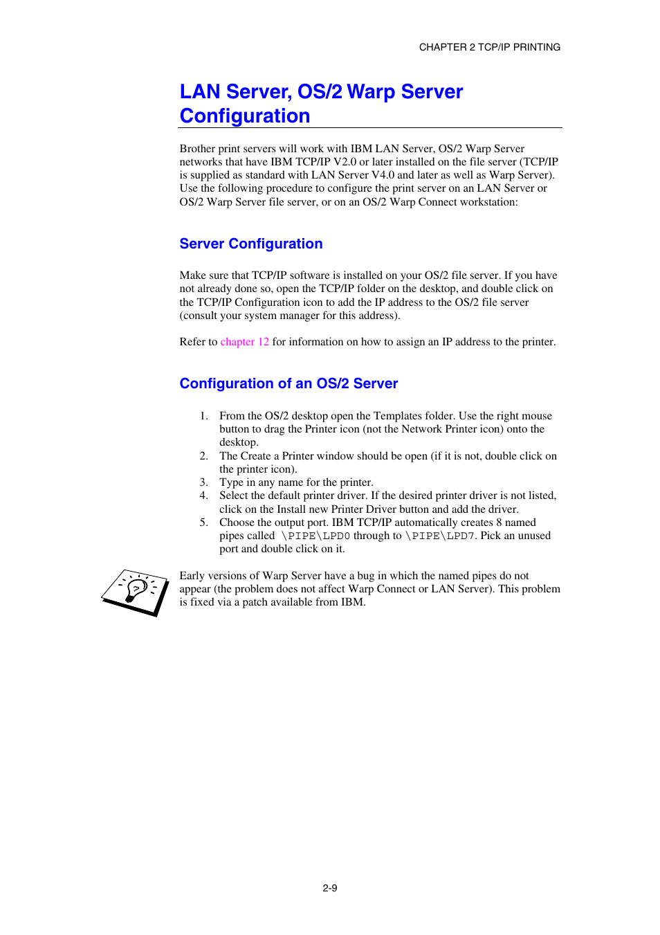 Lan server, os/2 warp server configuration, Server configuration, Configuration of an os/2 server | Brother HL-1870N User Manual | Page 38 / 149