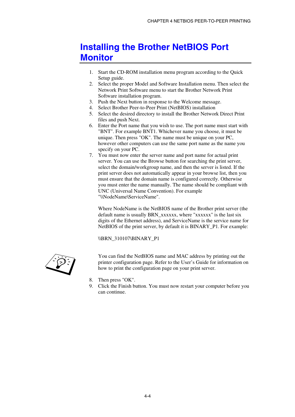 Installing the brother netbios port monitor | Brother HL-1870N User Manual | Page 48 / 149