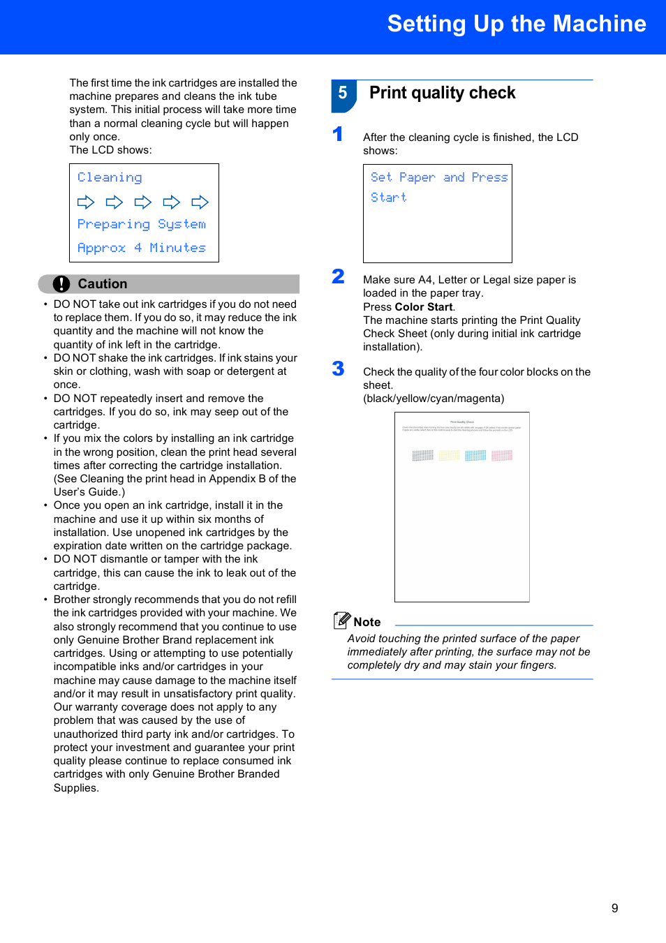 5 print quality check, Print quality check, Setting up the machine | 5print quality check, Cleaning preparing system approx 4 minutes, Set paper and press start | Brother MFC-465CN User Manual | Page 11 / 39
