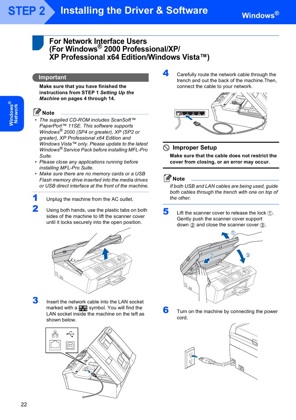 For network interface users (for windows, For network interface users, For windows | 2000 professional/xp, Xp professional x64 edition/windows vista™), Step 2, Installing the driver & software, Windows | Brother MFC-465CN User Manual | Page 24 / 39