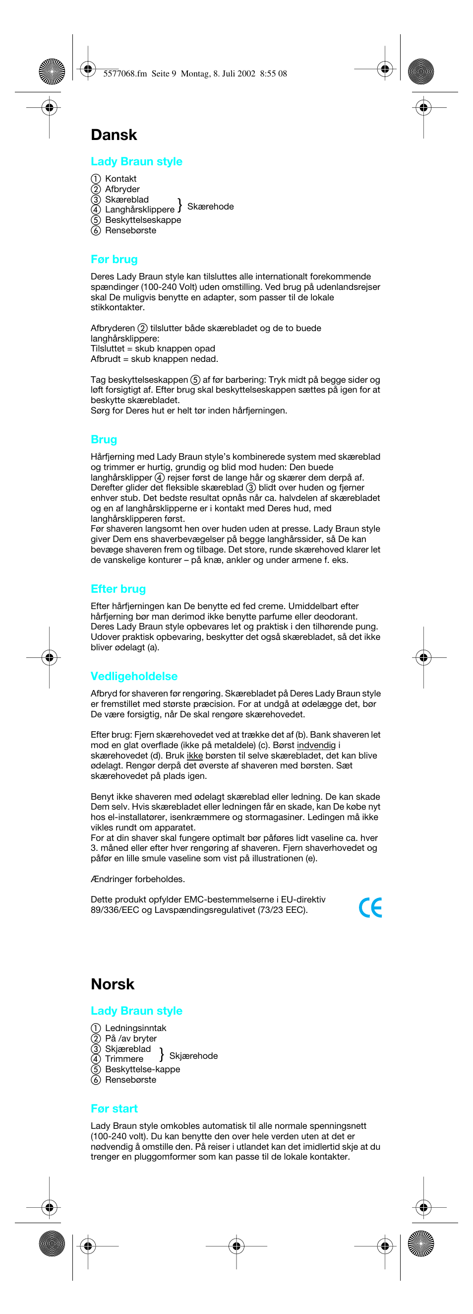 Dansk, Norsk | Braun Lady Style cord User Manual | Page 9 / 17