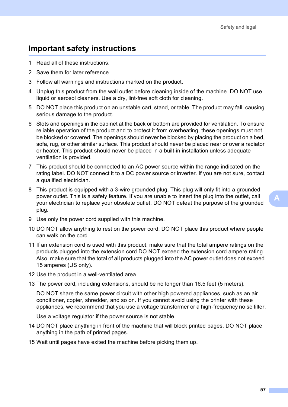 Important safety instructions, Aimportant safety instructions | Brother DCP-8085DN User Manual | Page 70 / 156